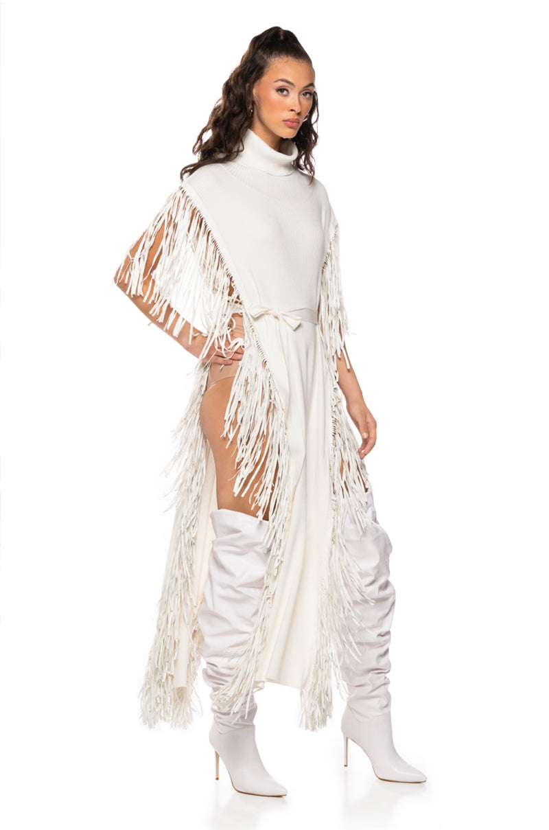 CHEYENNE FAUX LEATHER FRINGE BELTED SWEATER IN IVORY