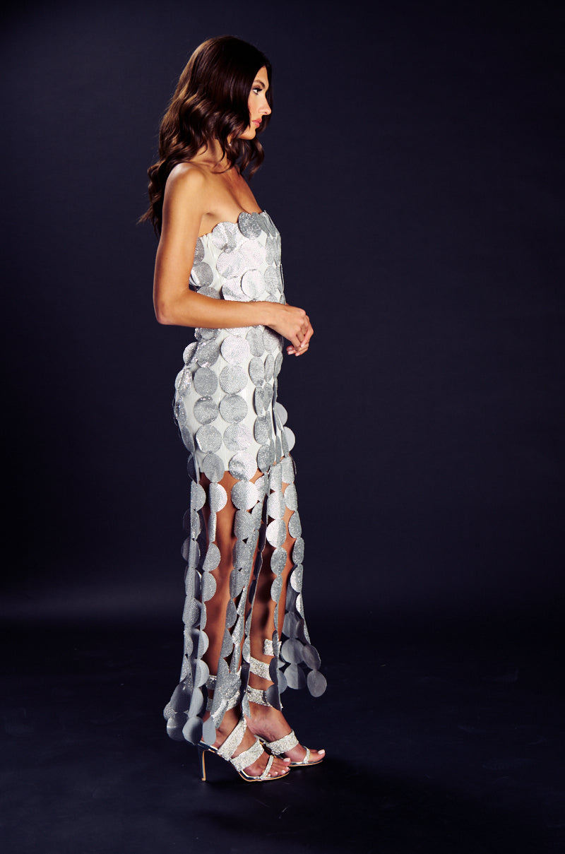 SHE IS THE MOMENT STRAPLESS RHINESTONE DISC MAXI DRESS