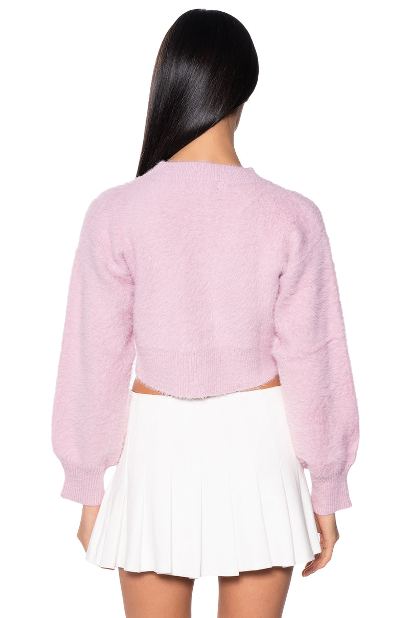 TOO CUTE FLOWER BUTTON FUZZY CARDIGAN