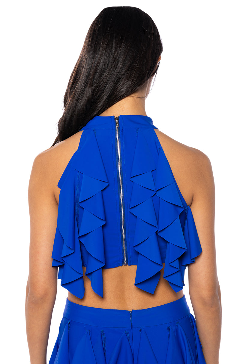 SERENITY RUFFLED HALTER NECK TOP IN BLUE