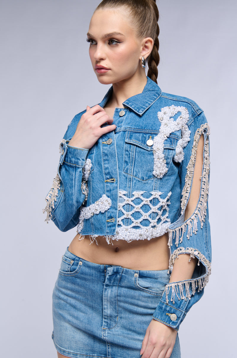 TEXAS BOUND RHINESTONE FRINGE PEARL CROP DENIM JACKET WITH CUT OUT SLEEVE