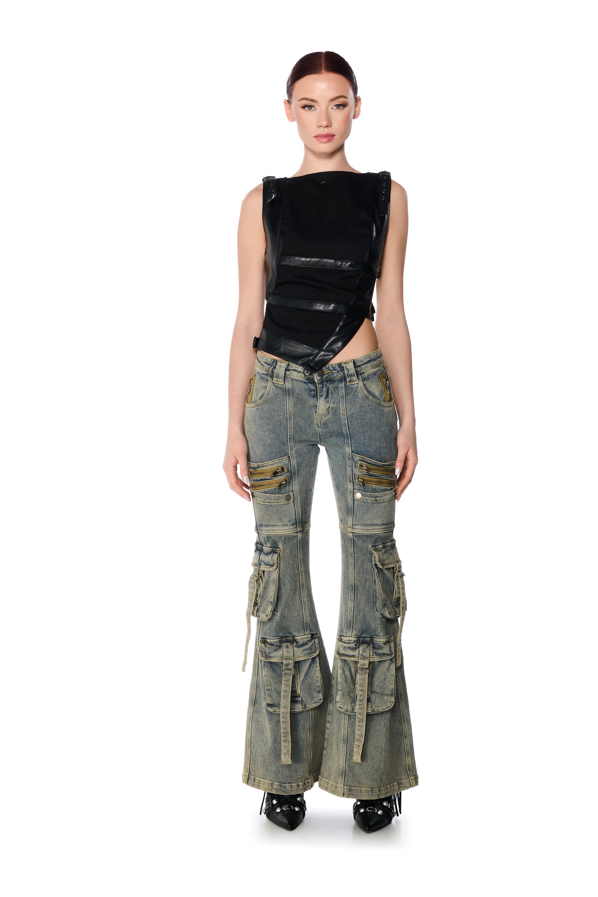 BLINDING LIGHTS BELTED FAUX LEATHER SLEEVELESS TOP