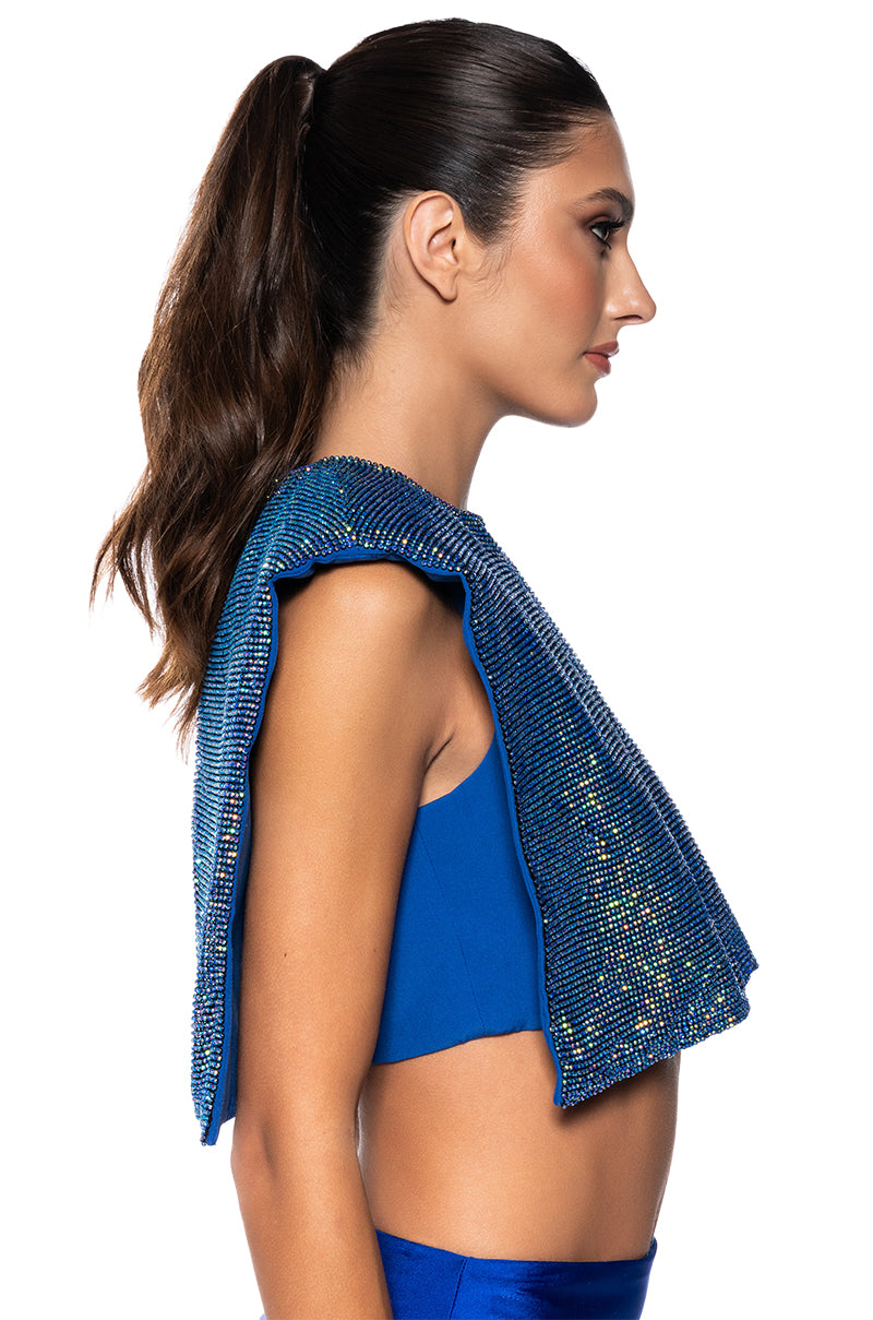 DISCO BABE SLEEVELESS RHINESTONE CROP TOP IN BLUE