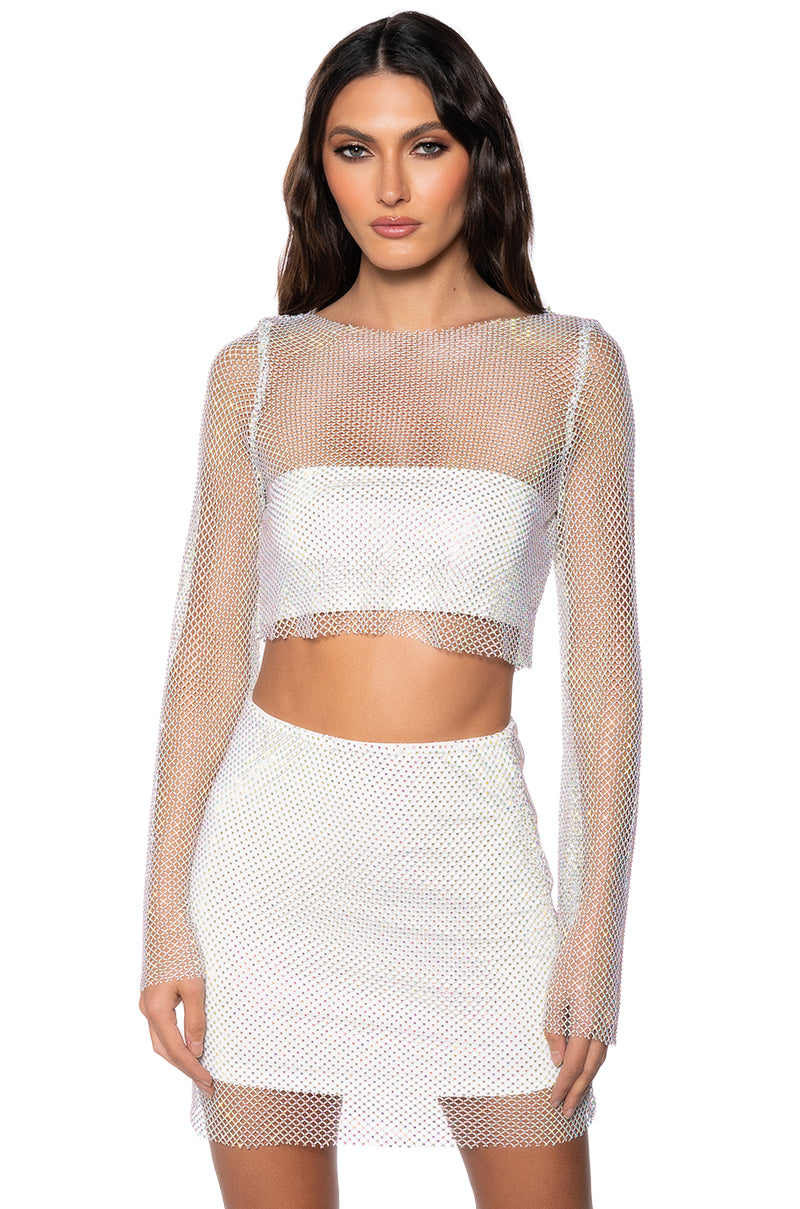 FLASHING LIGHTS RHINSTONE MESH LONG SLEEVE TOP IN WHITE