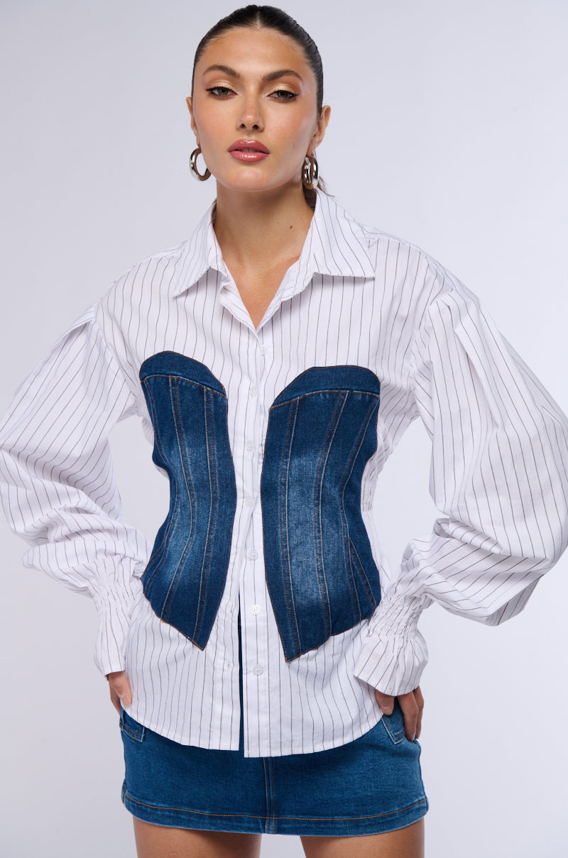 RAISA DENIM CORSET DETAIL BUTTON DOWN BLOUSE