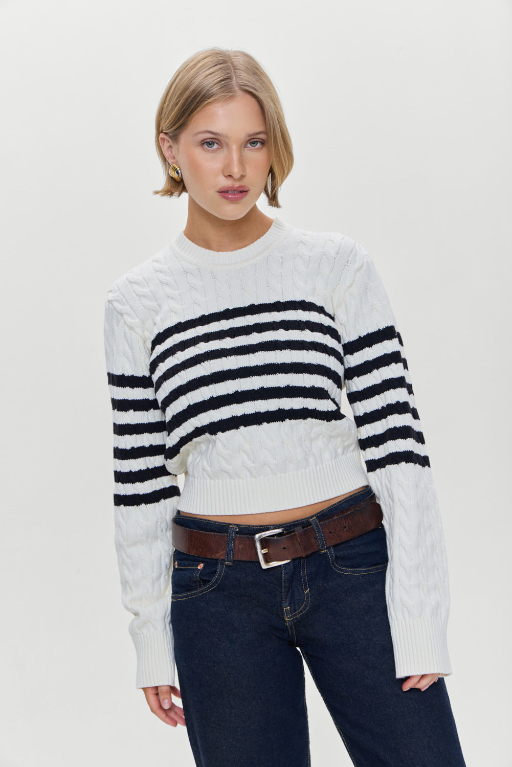 Varsity Striped Cable Knit Sweater - Ivory