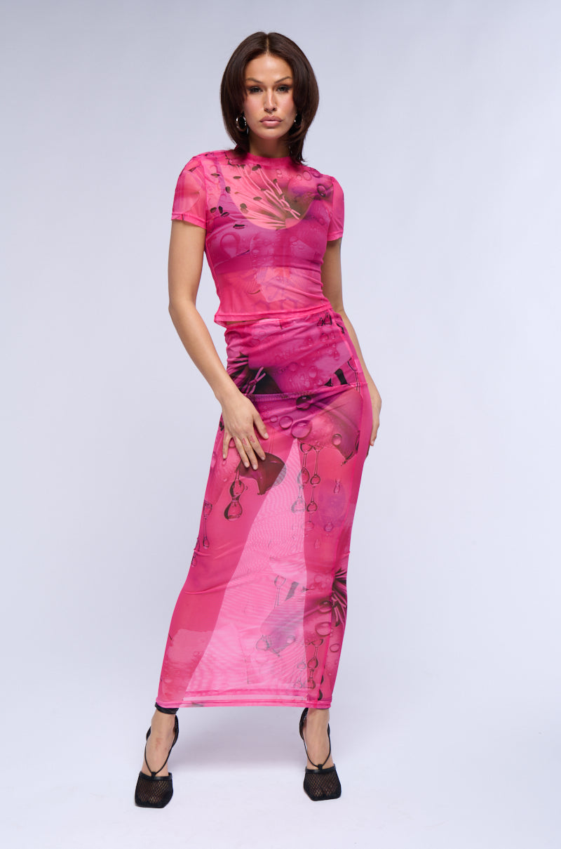 FEMININE INSTINCTS MESH COLUMN MAXI SKIRT