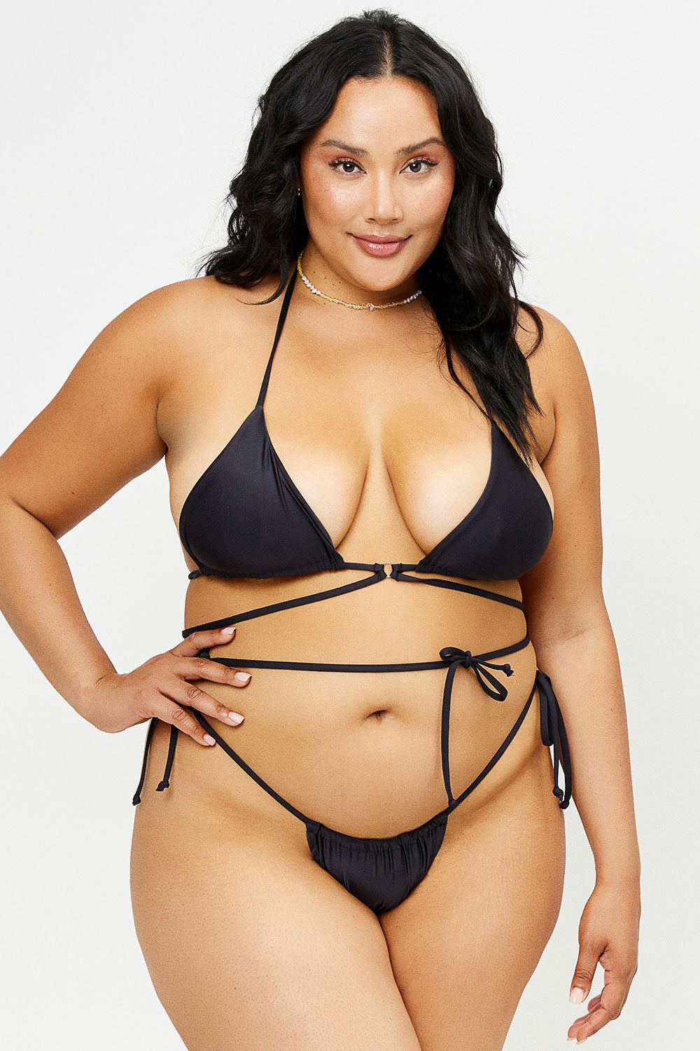 Tia Satin String Bikini Bottom - Black