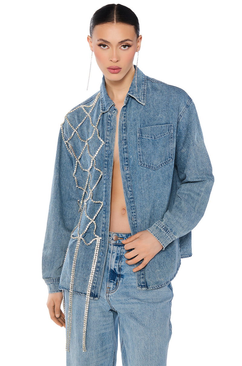 BLING RING RHINESTONE FRINGE BUTTON DOWN DENIM SHIRT