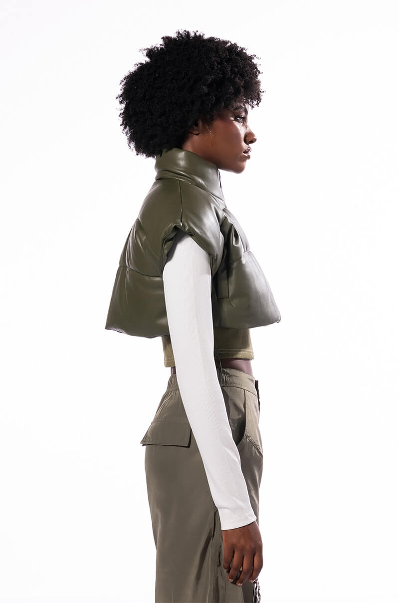 ULTRA CROP PU VEST WITH PULL STRINGS IN OLIVE