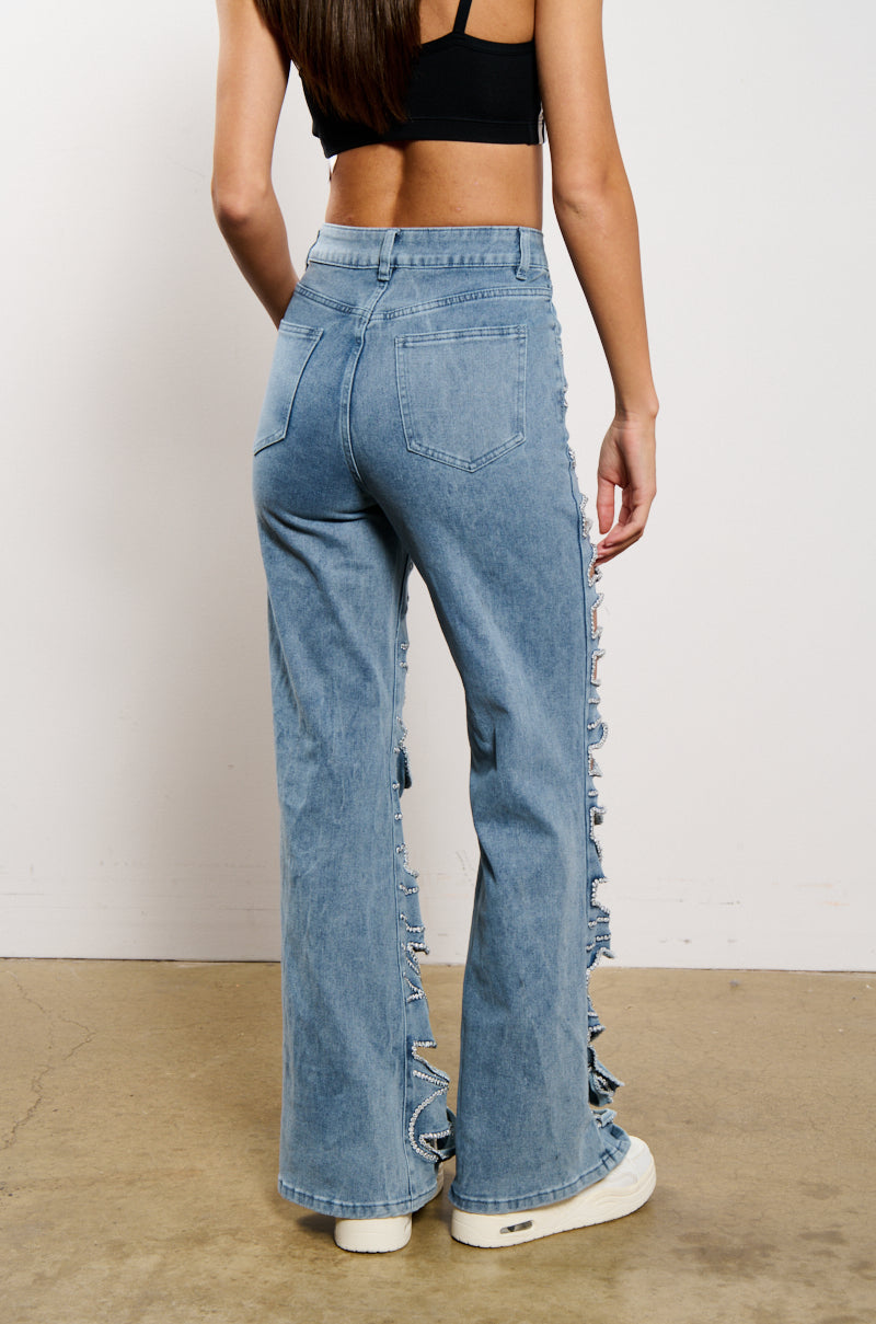 STRIPPED DOWN FLARE LEG DENIM PANT