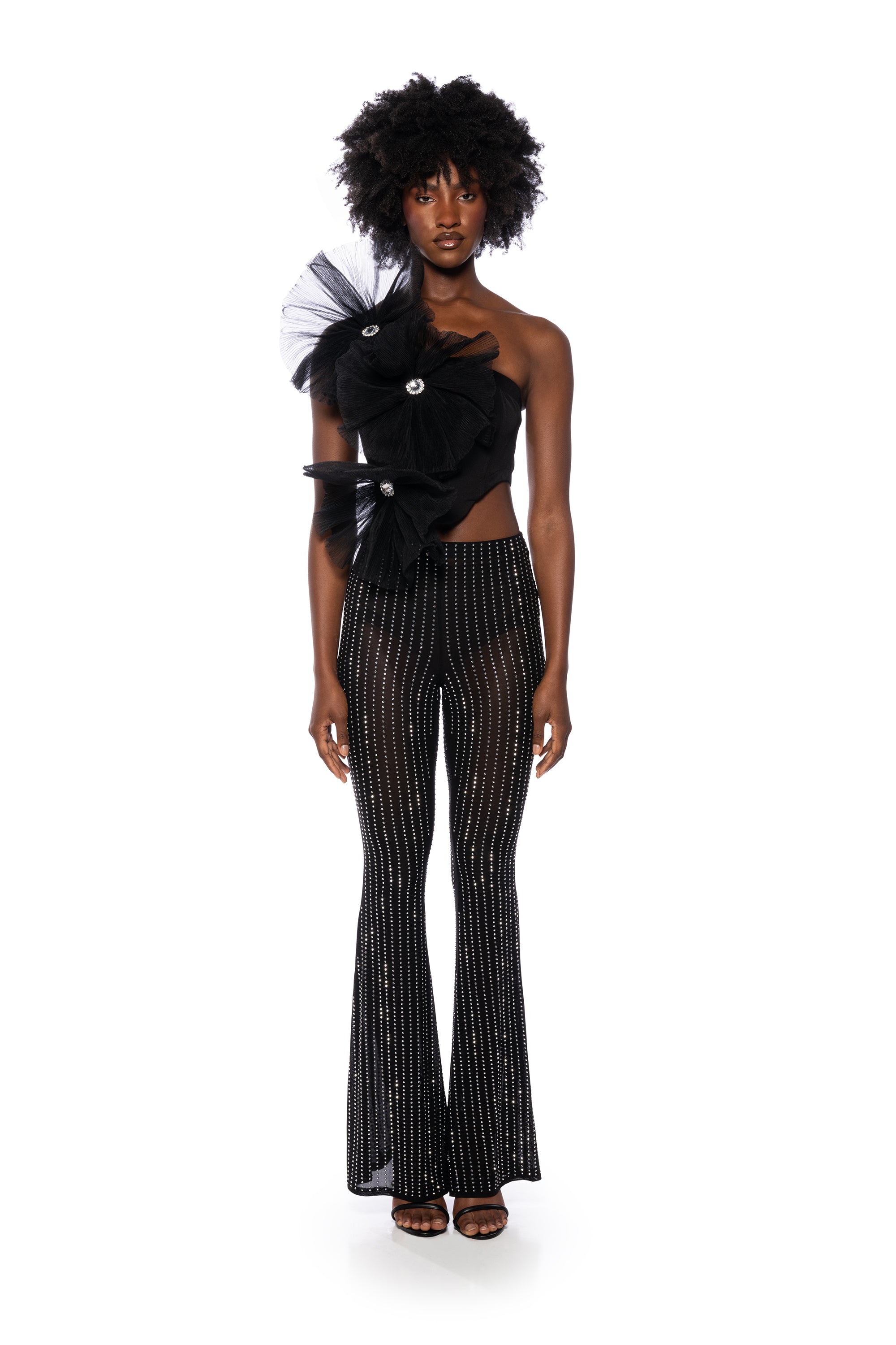 TAMERA RHINESTONE MESH FLARE PANT