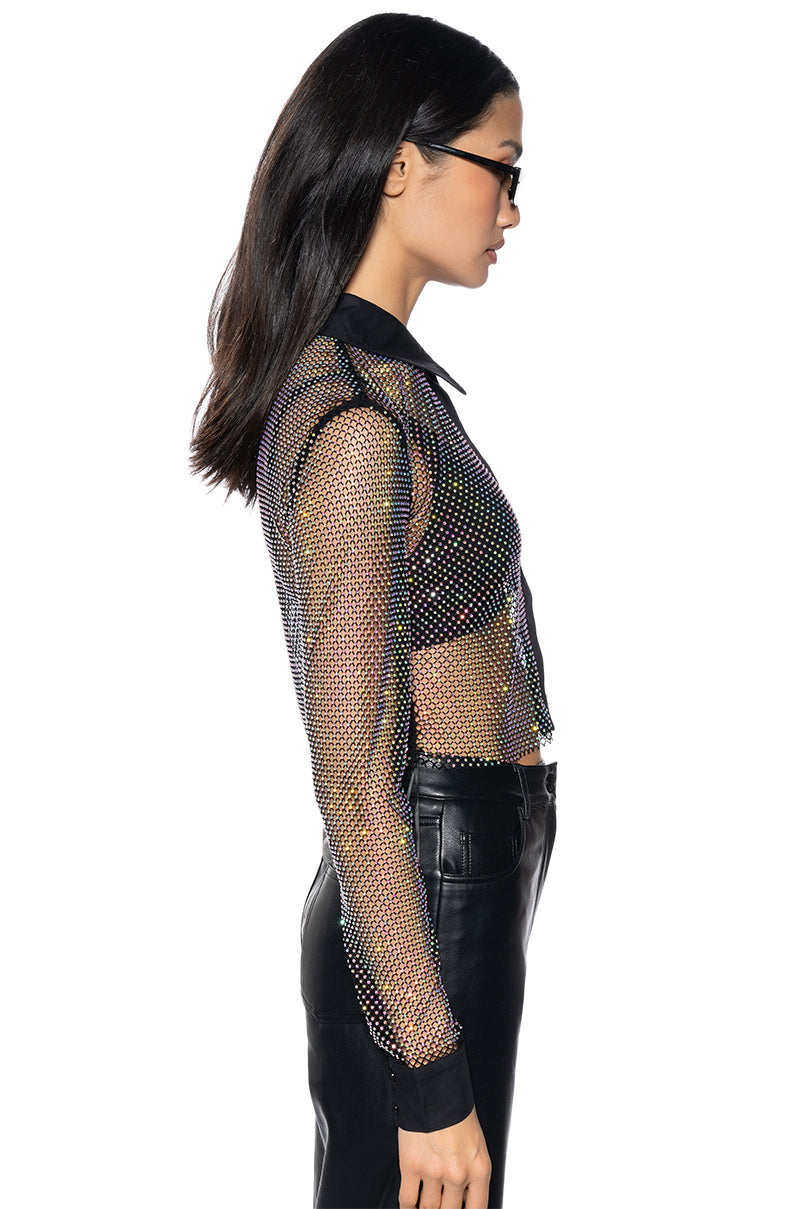 CLUB VIP RHINESTONE MESH BUTTON DOWN SHIRT