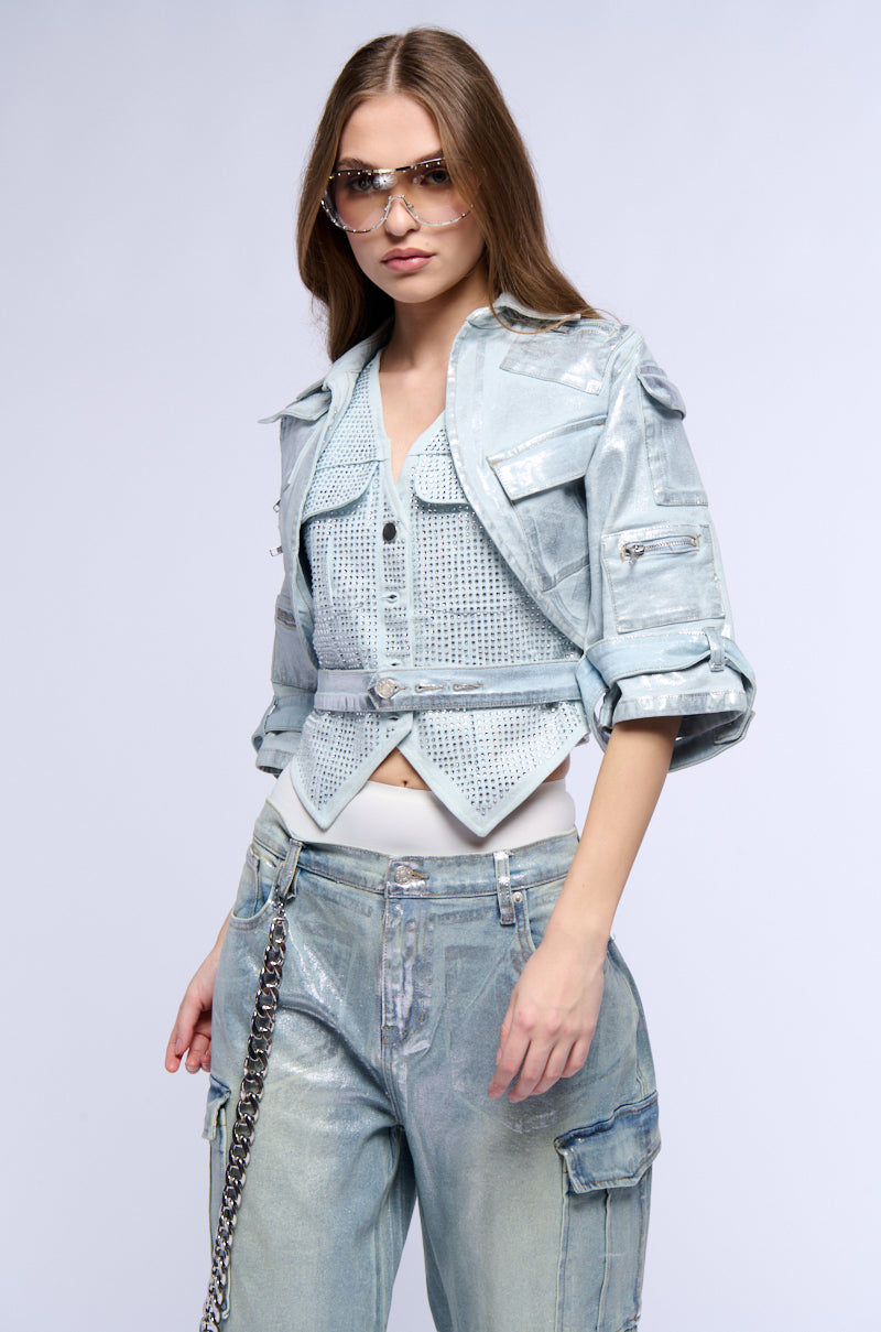 CARGO CROPPED CUT METALLIC DENIM JACKET