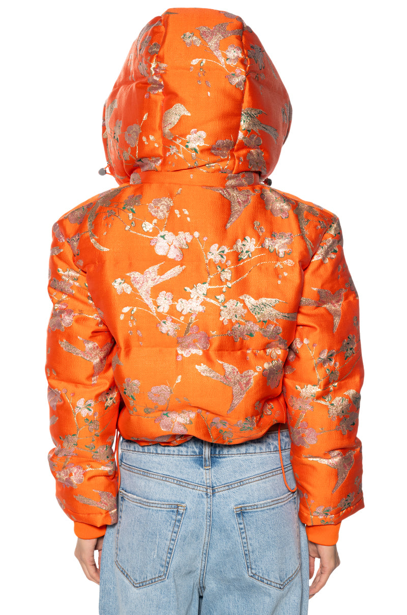 ORANGEY BROCADE PUFFER WITH REMOVEABLE HOOD