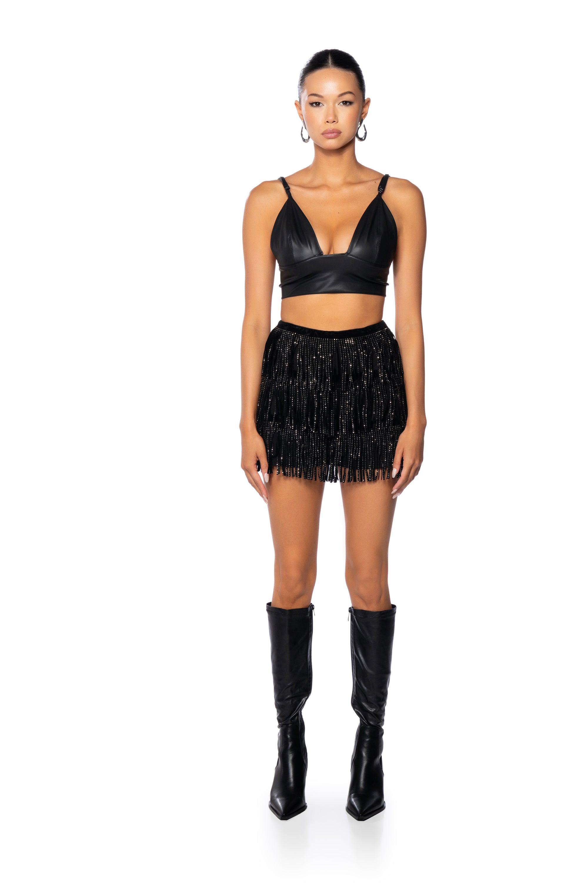 LATE AT NIGHT RHINESTONE EMBELLISHED FRINGE SHORT