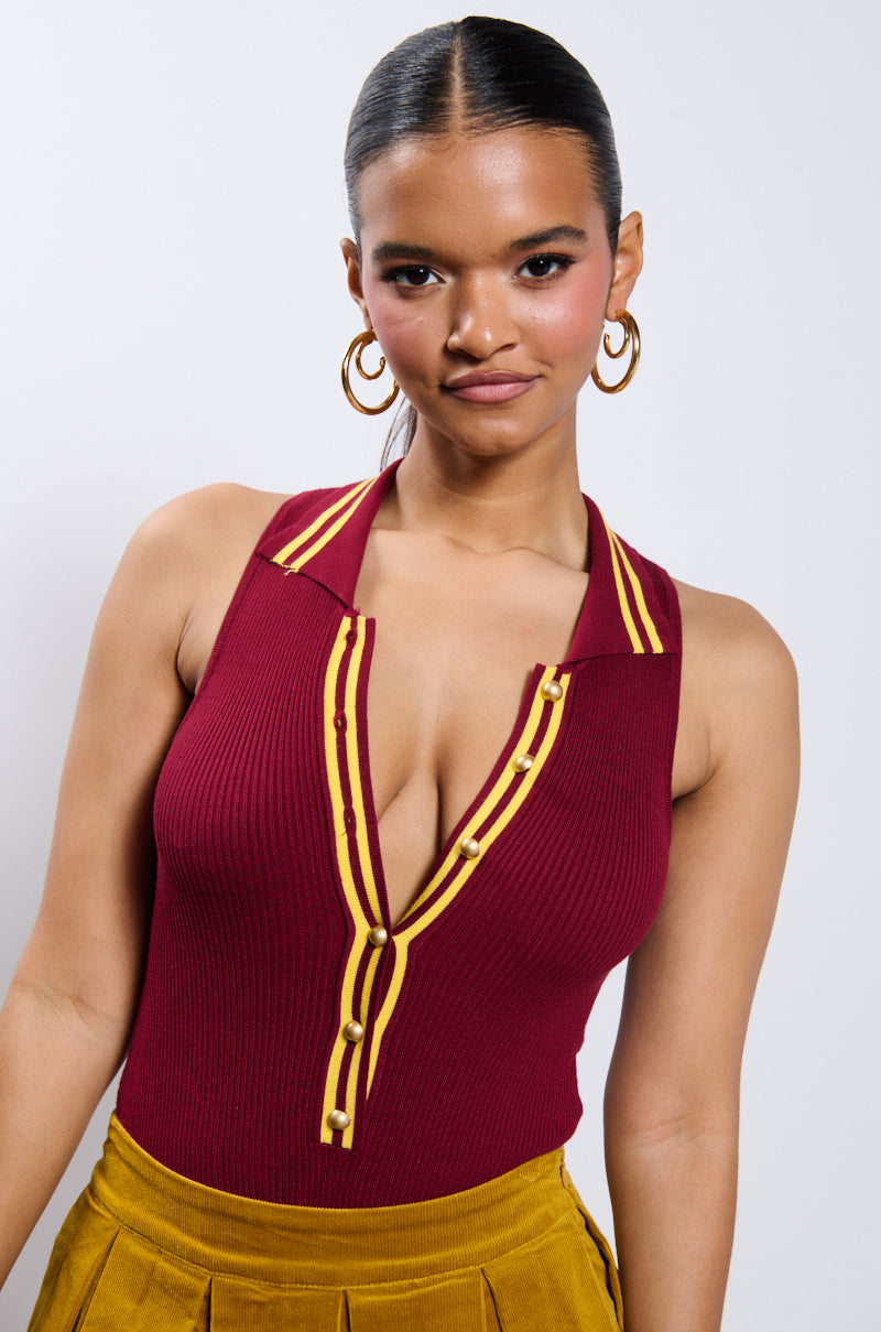 ALWAYS LUCKY RIBBED SLEEVELESS BODYSUIT IN BURGUNDY