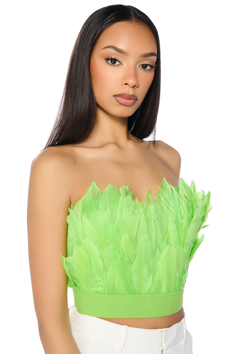 FLY AWAY FEATHER TUBE TOP IN NEON GREEN