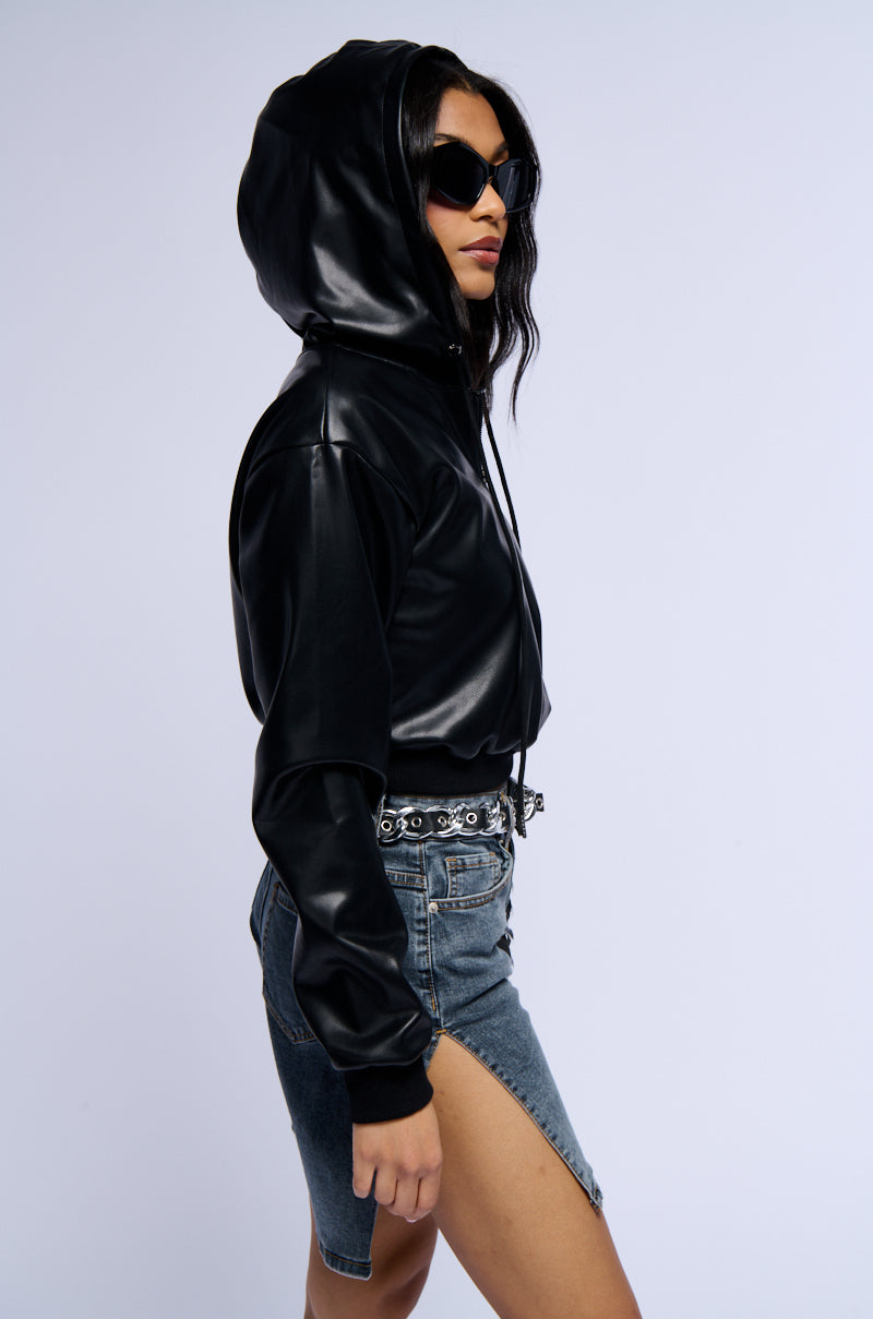 ALEX FAUX LEATHER ZIP FRONT SWEATSHIRT