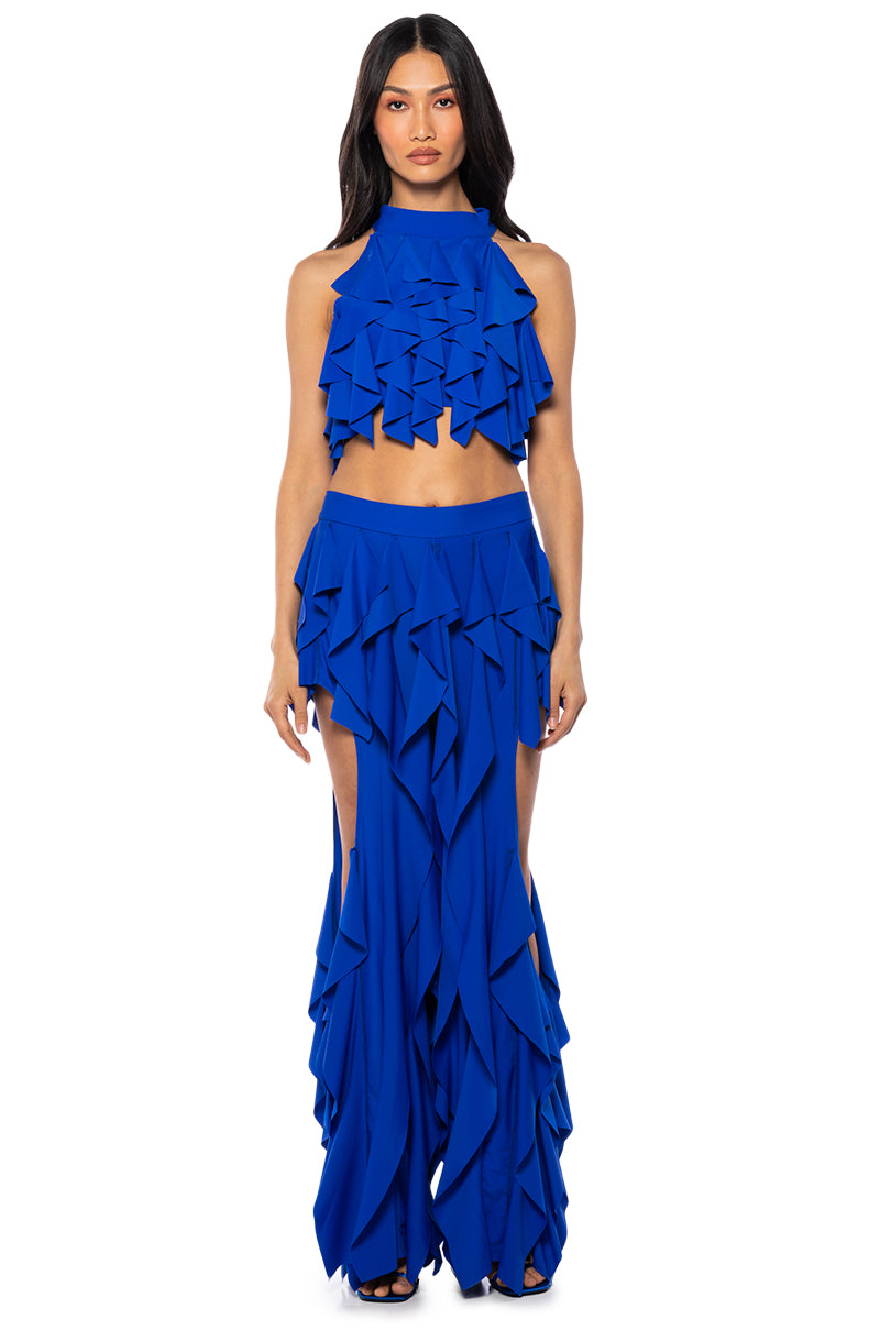 SERENITY RUFFLED HALTER NECK TOP IN BLUE