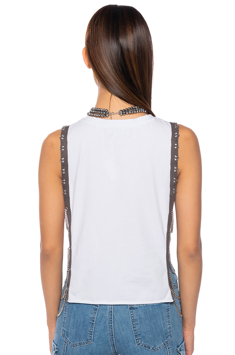 ANCIENT TALES CROPPED SIDE CHAIN GRAPHIC TANK