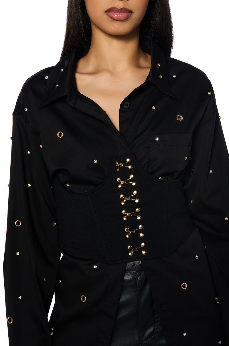 ALL OVER GROMMET DETAIL CORSET BUTTON DOWN SET