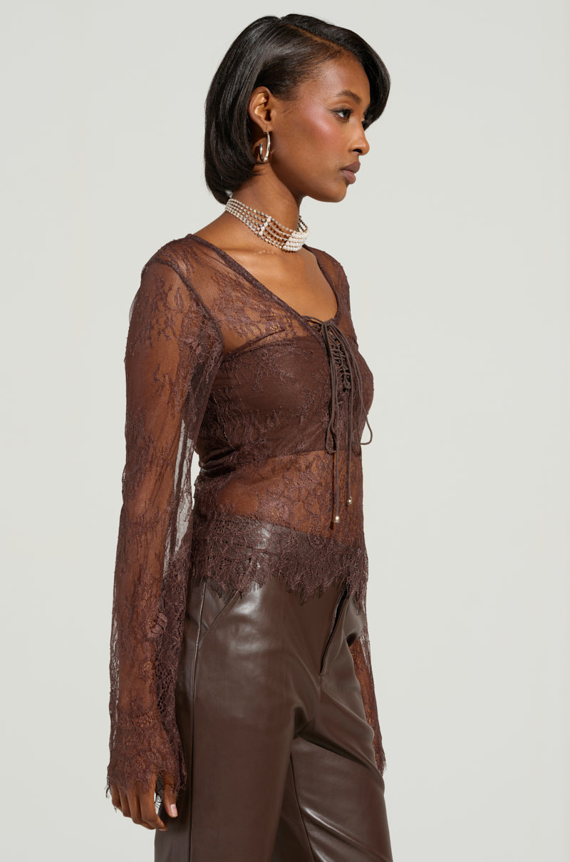 STARLIGHT LONG SLEEVE LACE BLOUSE IN BROWN