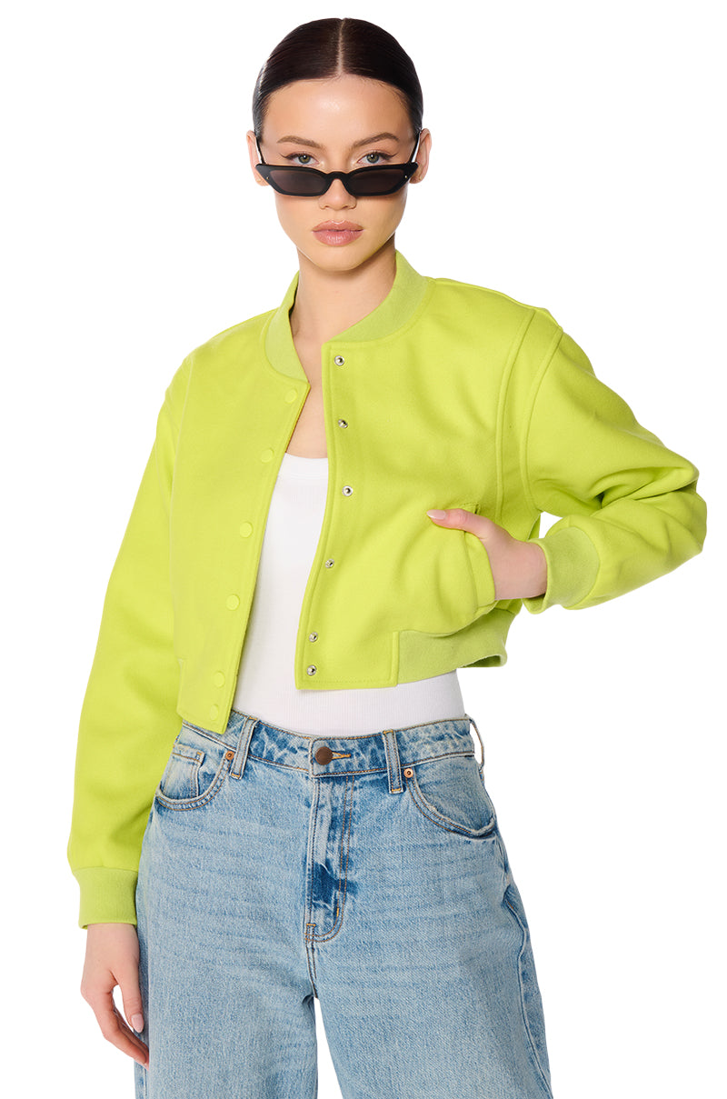 DAVIS EVERYDAY VARSITY BOMBER IN NEON GREEN