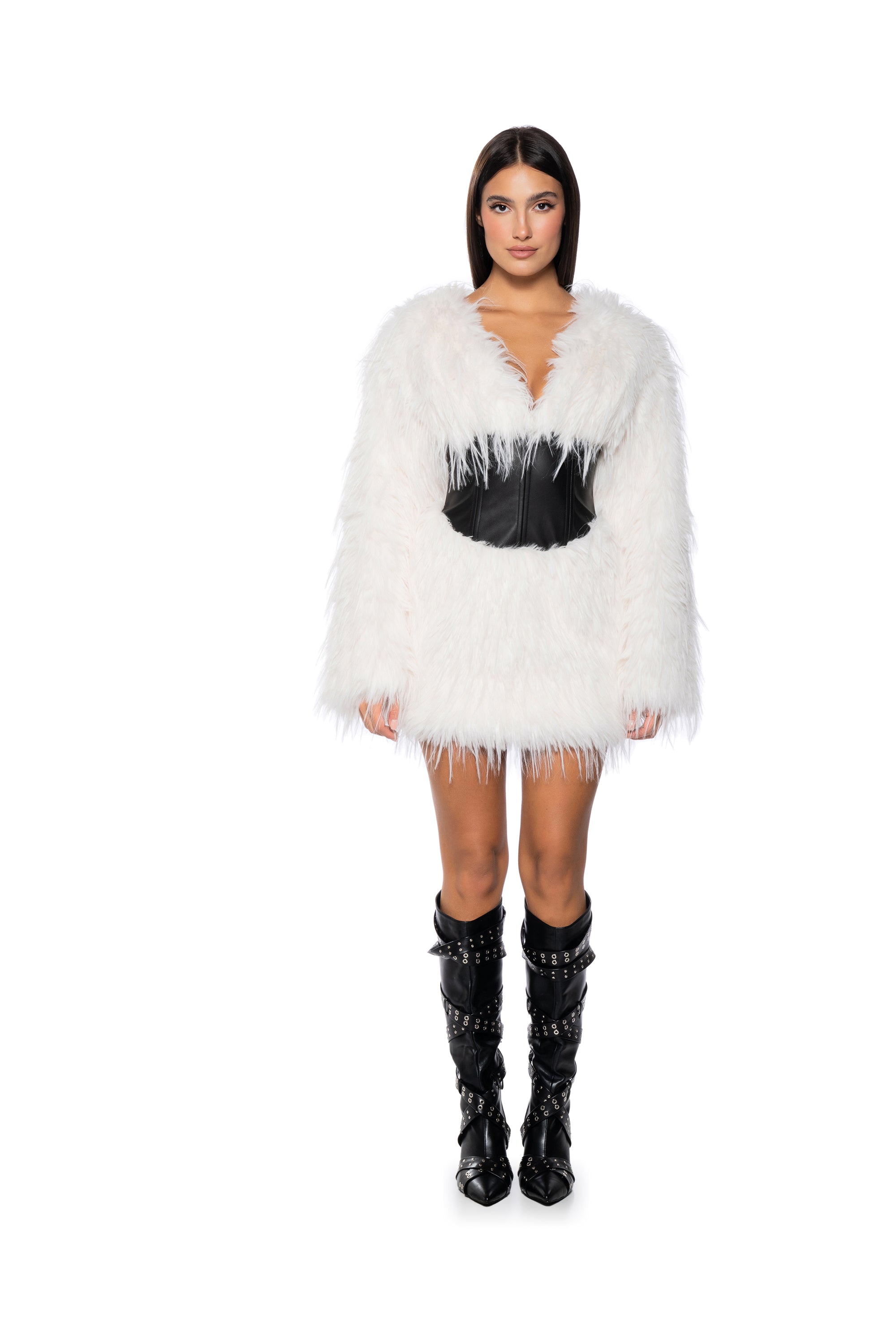 CAMREN FAUX FUR CORSET WAIST MINI DRESS