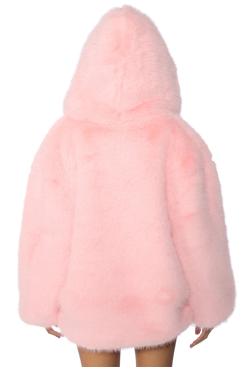 LANA HOODED FAUX FUR COAT IN PINK