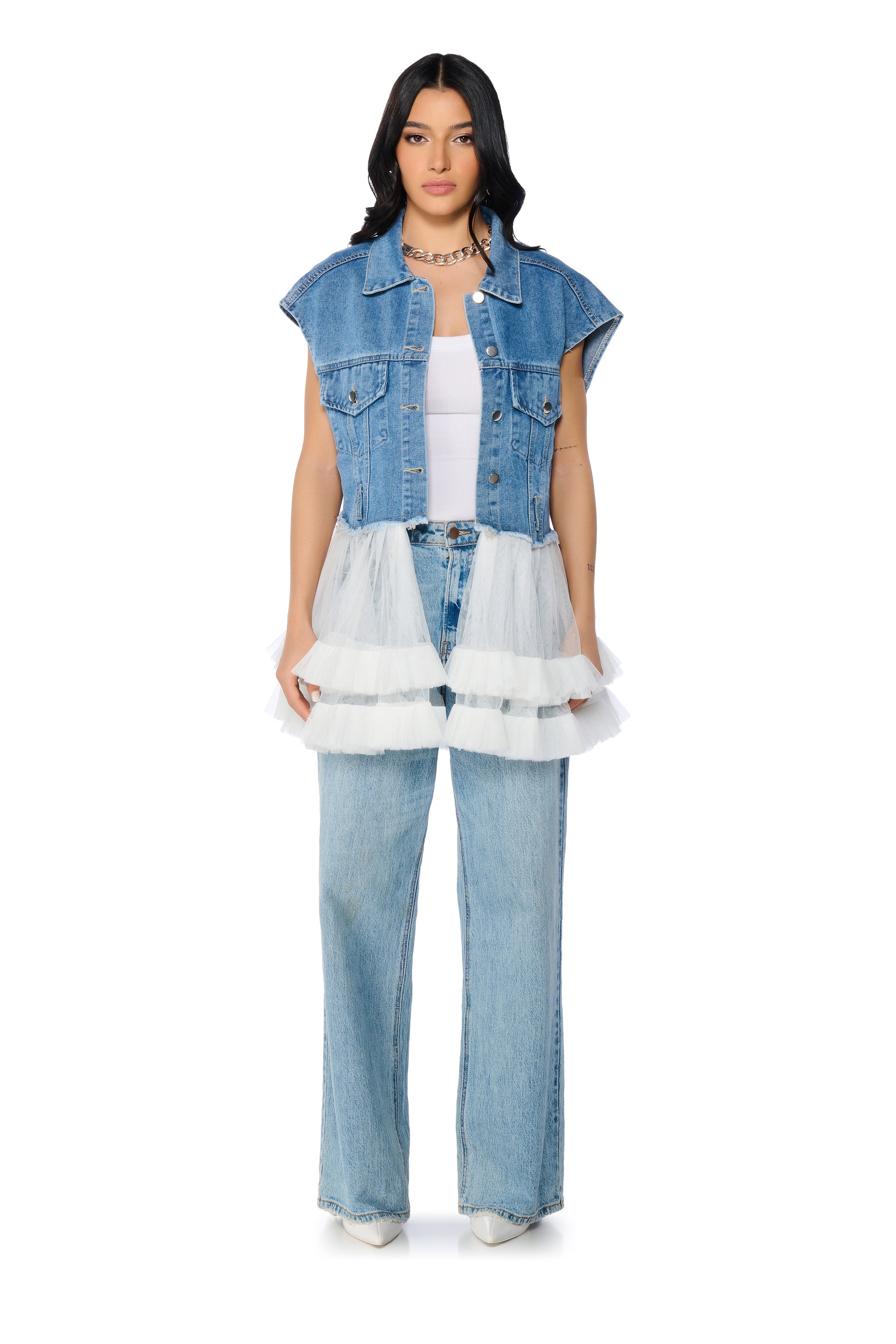 TULLE PEPLUM DENIM VEST