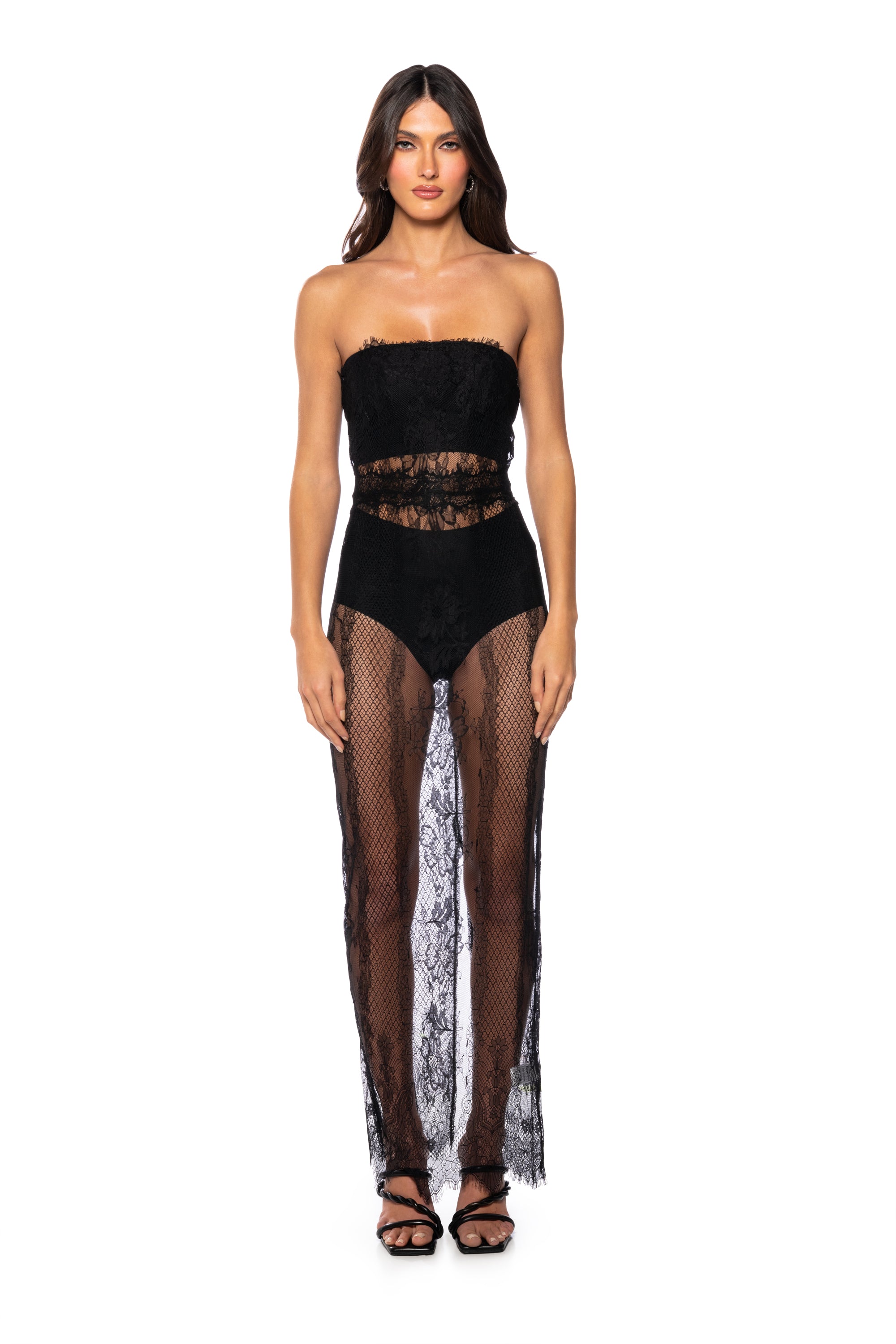 MIDNIGHT ILLUSIONS STRAPLESS LACE MAXI DRESS