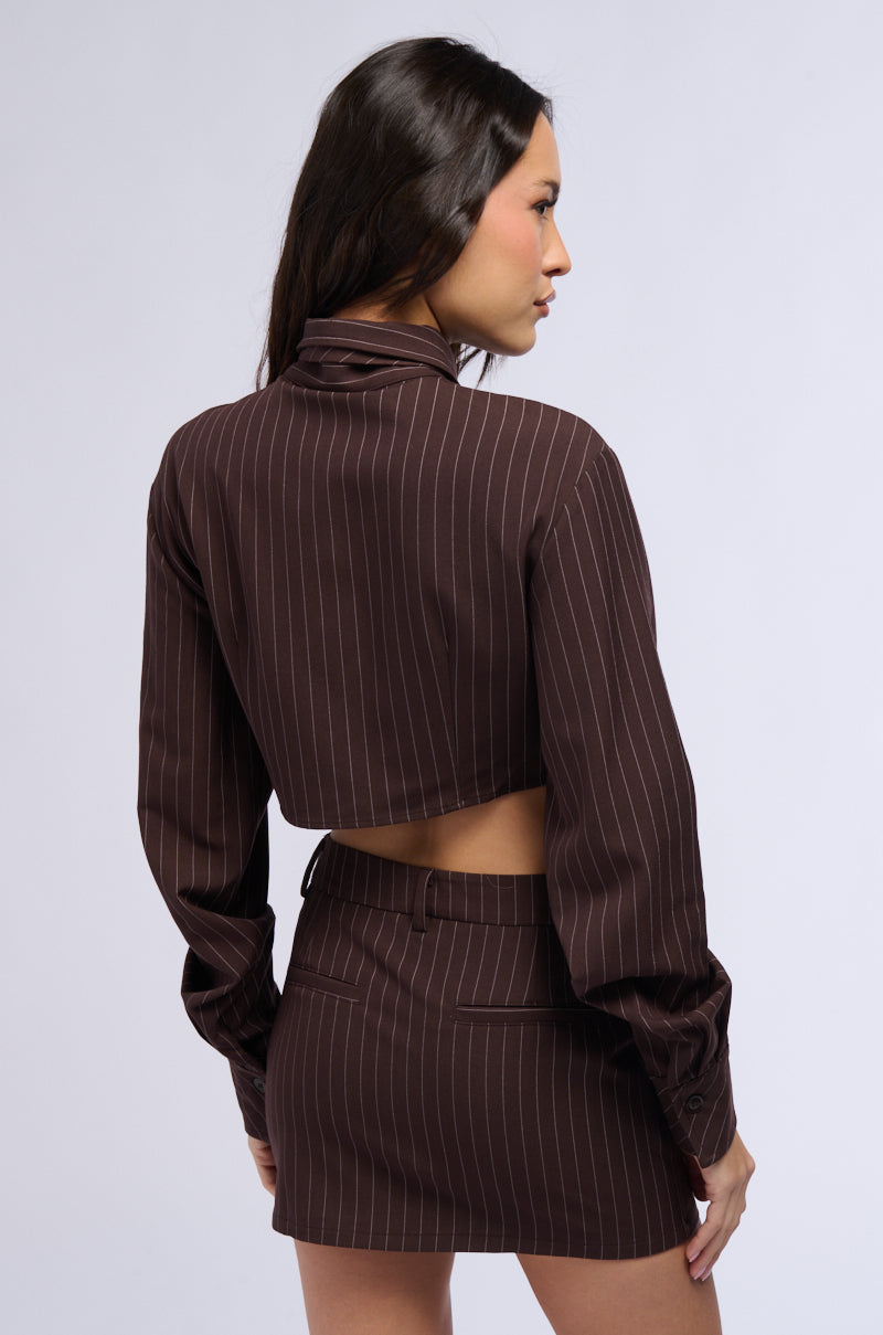 STRAIGHT TO BUSINESS PINSTRIPE TIE DETAIL CROP BLOUSE IN BROWN