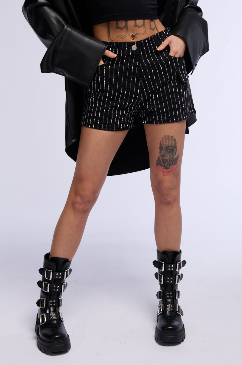 BRITTNI RHINESTONE CARGO DENIM SHORT IN BLACK