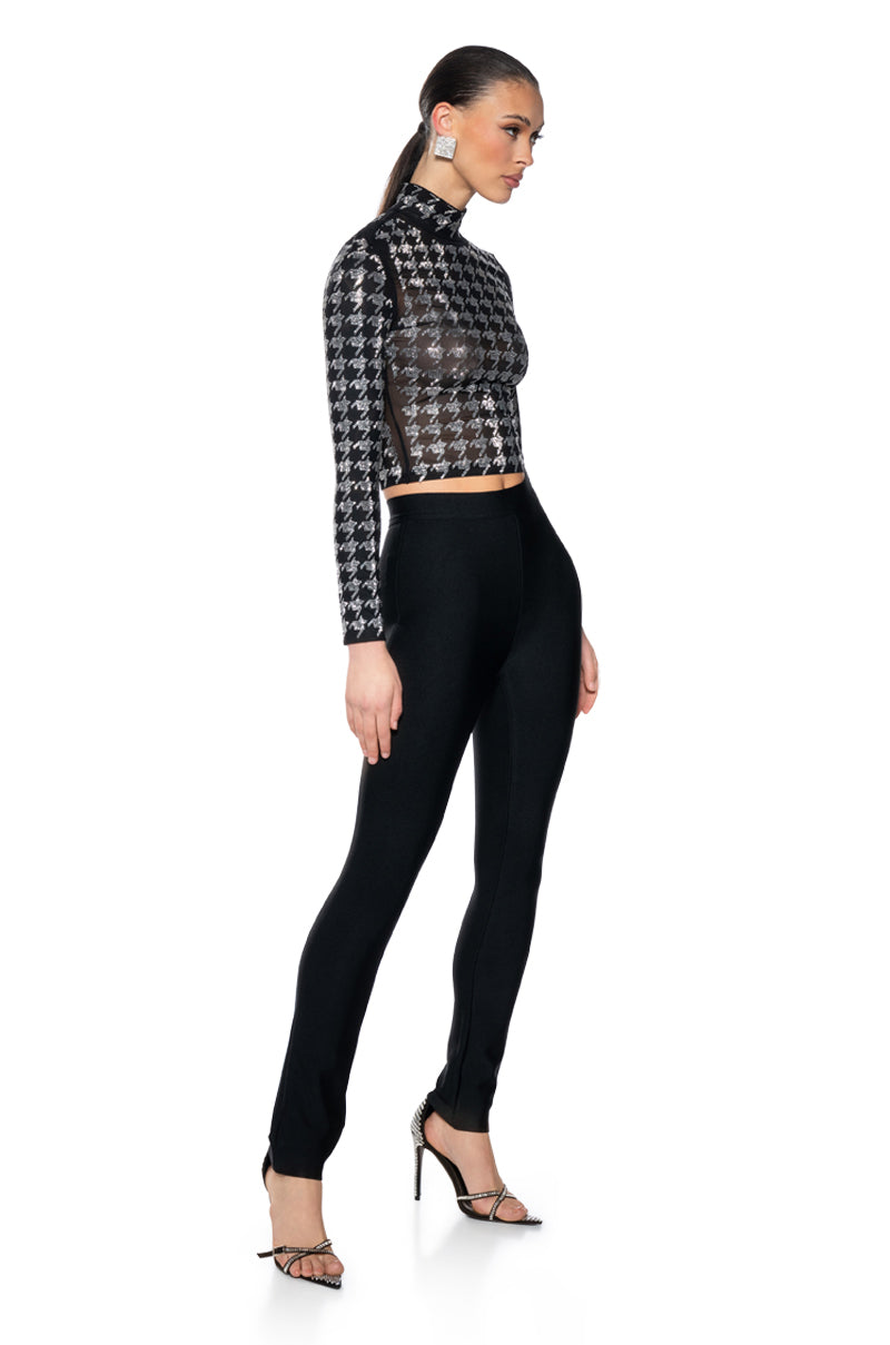 HOUNDSTOOTH GLAMOUR MOCK NECK LONG SLEEVE MESH TEE