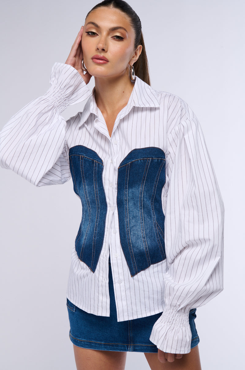 RAISA DENIM CORSET DETAIL BUTTON DOWN BLOUSE