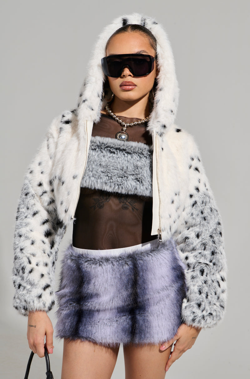 SNOW LEOPARD HOODED FUR BOMBER