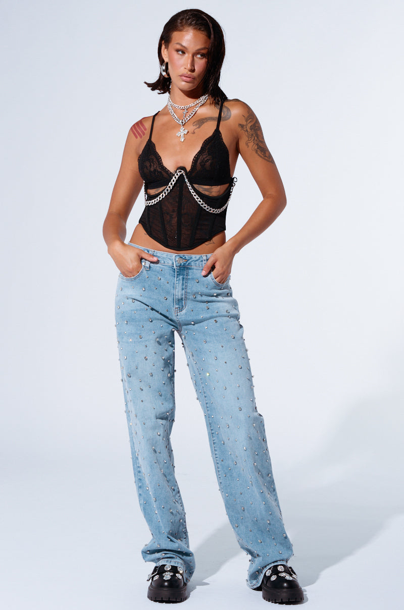 EVERYTIME RHINESTONE EMBELLISHED STRAIGHT LEG JEANS