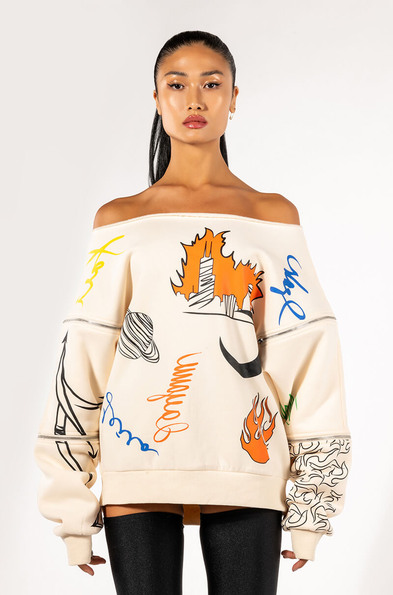 MONDRIAN OFF THE SHOULDER OVERSIZED SWEATSHIRT