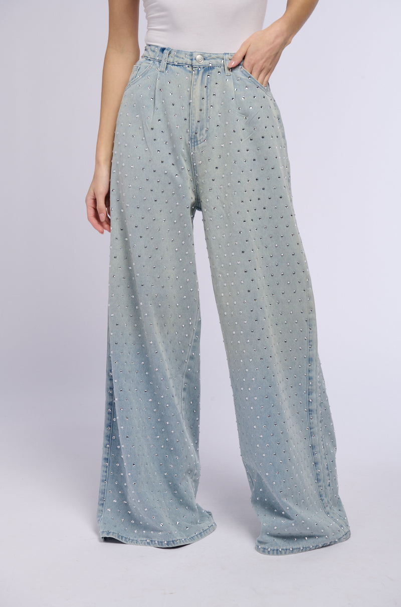 DAZZLED RHINESTONE STUDDED EXTRA LONG DENIM PANTS