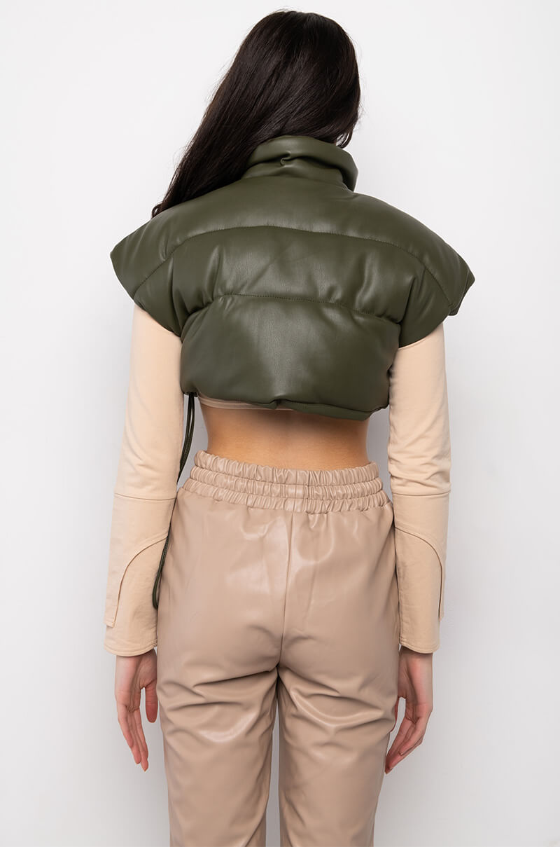 ULTRA CROP PU VEST WITH PULL STRINGS IN OLIVE