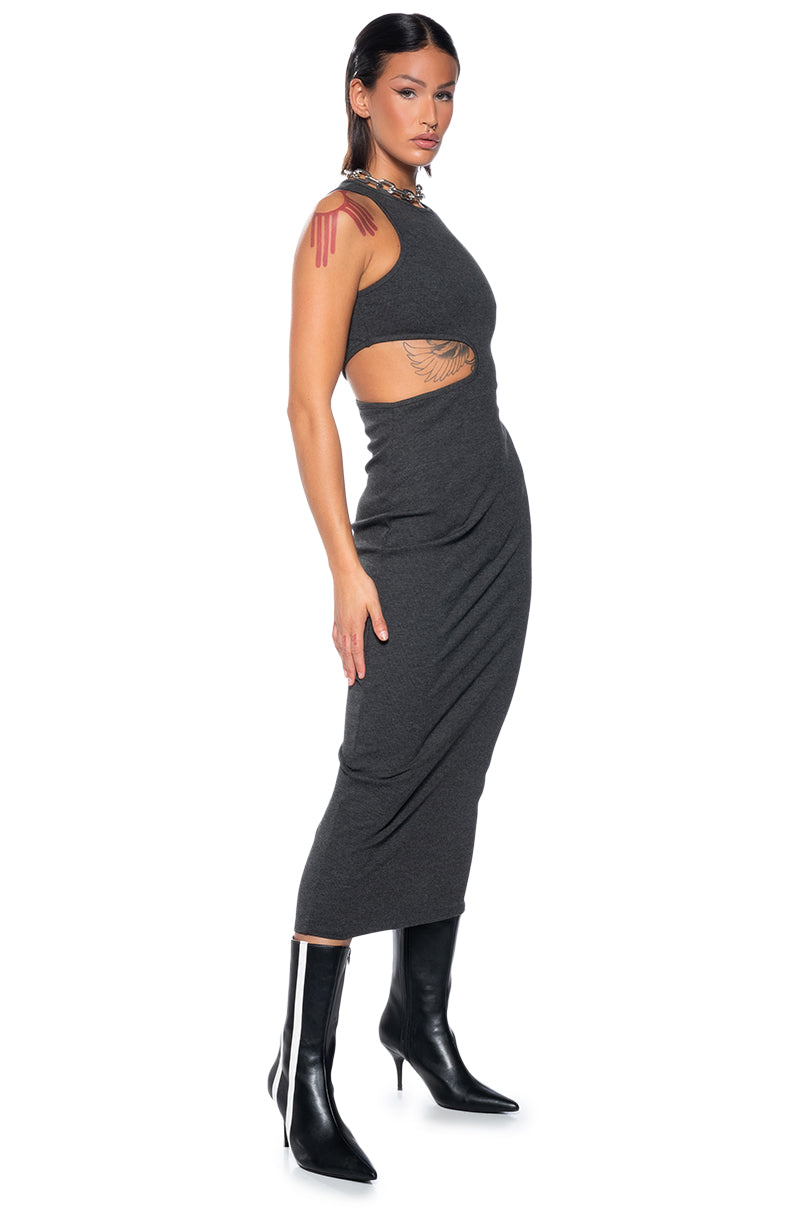 EFFORTLESS WIN SIDE CUTOUT MIDI DRESS