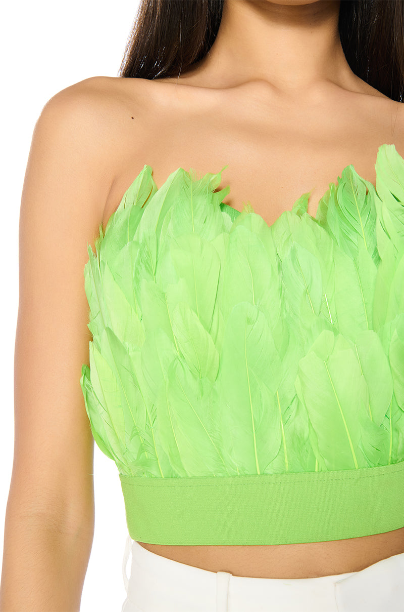 FLY AWAY FEATHER TUBE TOP IN NEON GREEN