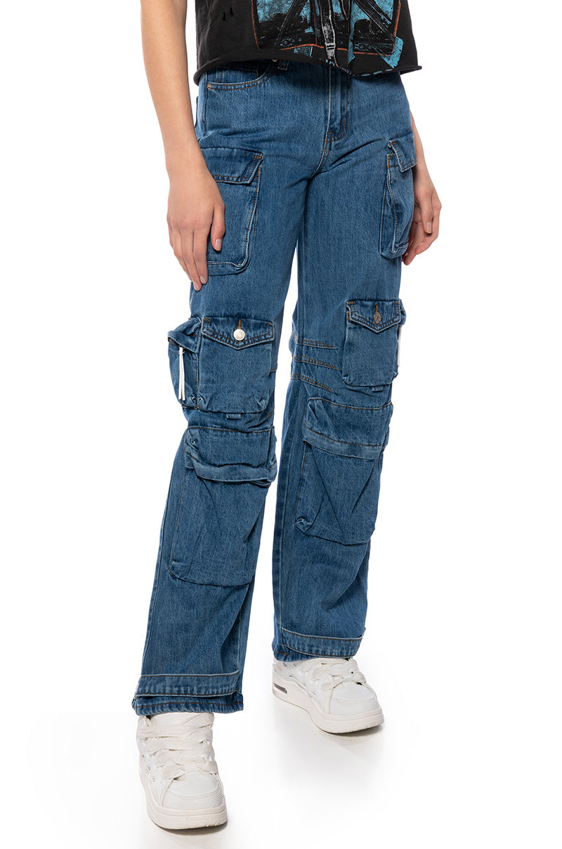 THE ULTIMATE DENIM CARGO PANT IN MEDIUM BLUE DENIM