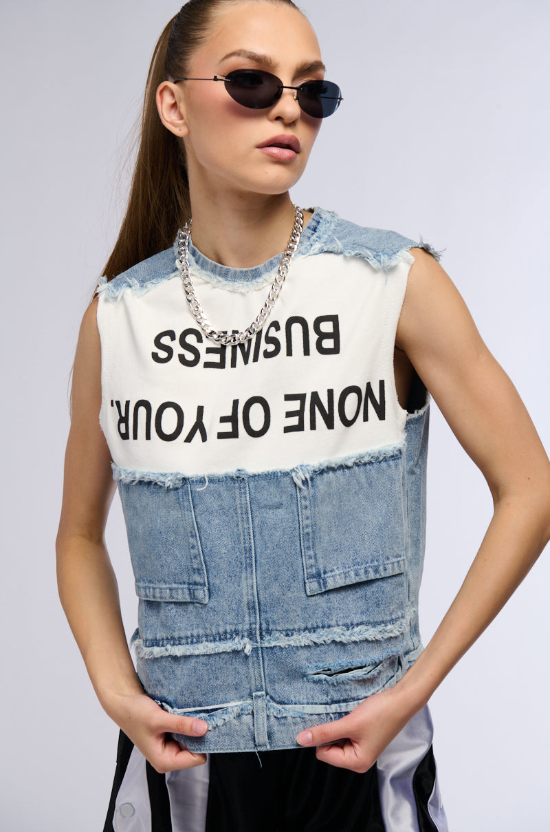 NONE OF YOUR BUSINESS SLEEVELESS DISTRESSED DENIM TOP