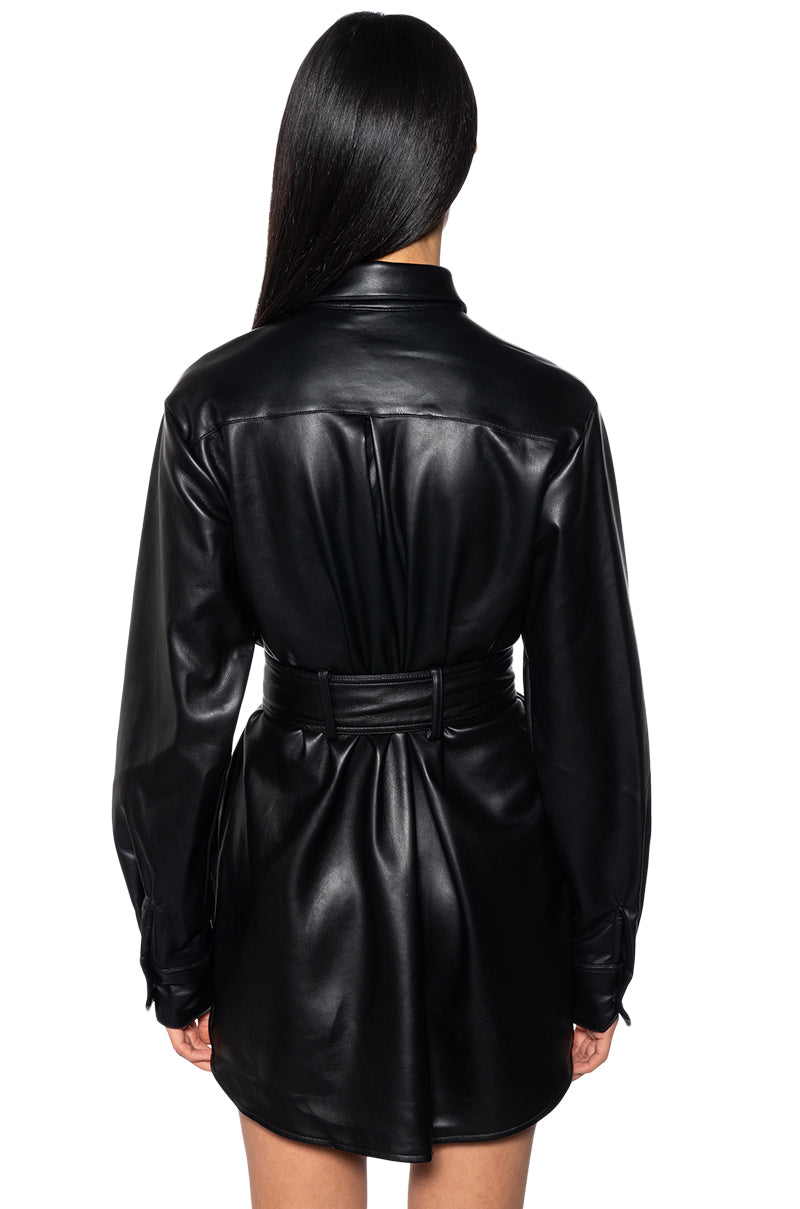 CASPIAN FAUX LEATHER BELTED UTILITY MINI DRESS