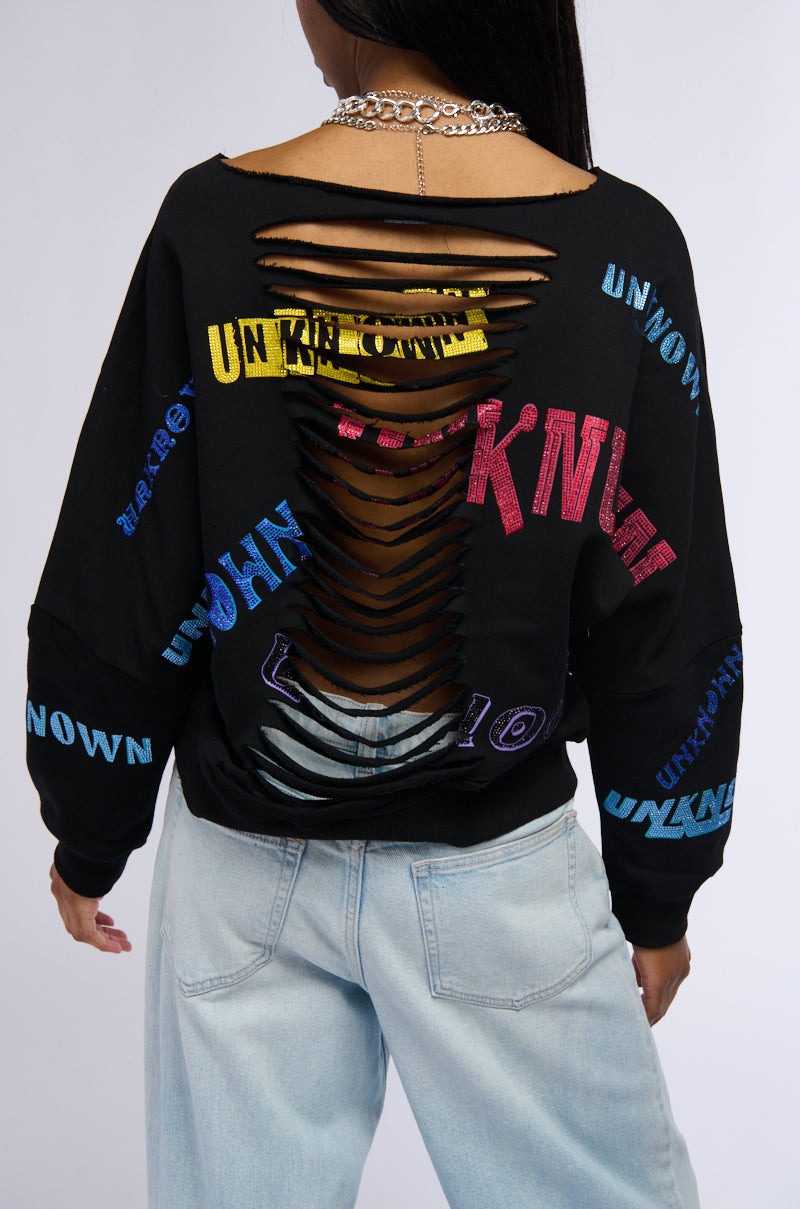 UNKNOWN VIBES DISTRESSED RHINESTONE EMBELLISHED SWEATSHIRT