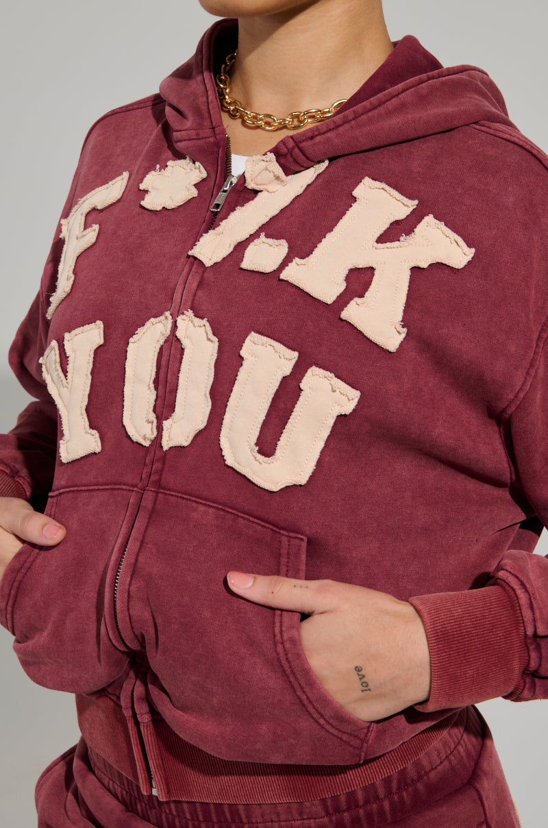 GRAPHIC LANGUAGE MINERAL WASH ZIP UP SWEATSHIRT IN BURGUNDY