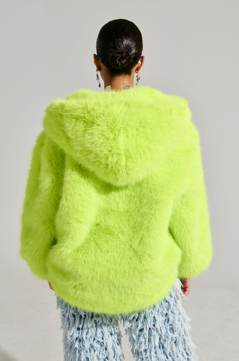 LANA HOODED FAUX FUR COAT IN LIME