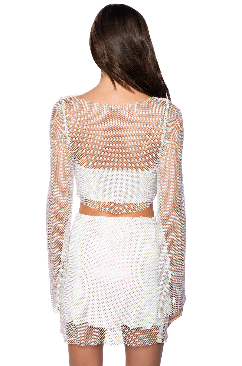 FLASHING LIGHTS RHINSTONE MESH LONG SLEEVE TOP IN WHITE